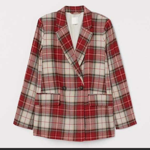 NWOT H&M DOUBLE BREASTED RED PLAID BLAZER JACKET SIZE 4